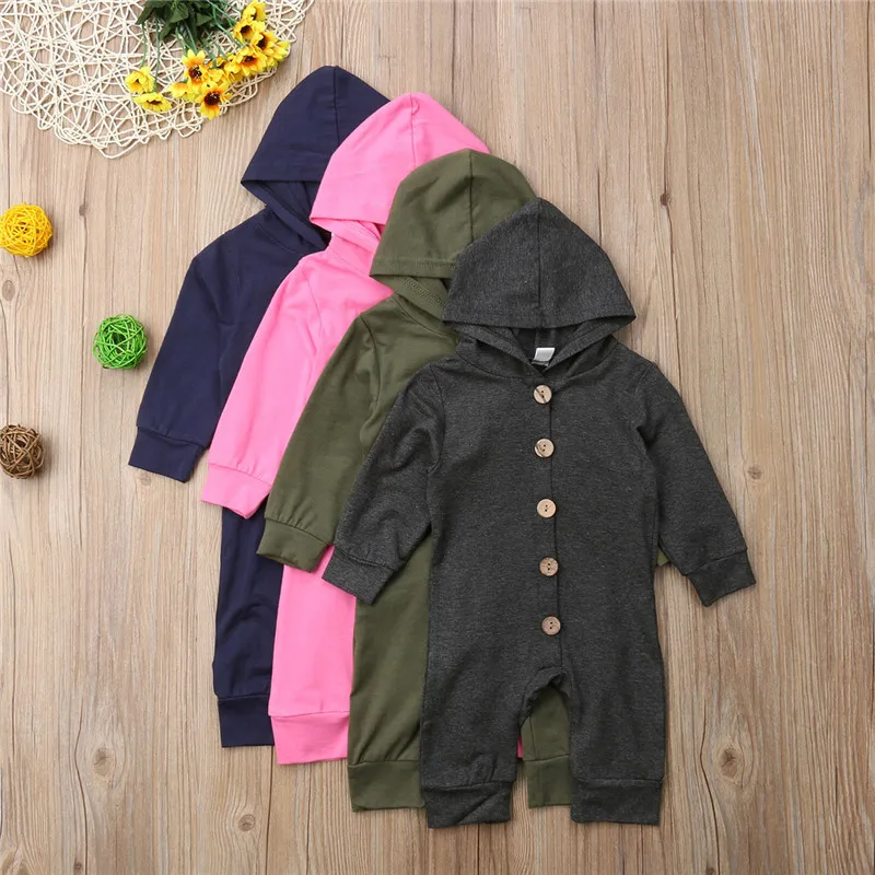 Детский однотонный комбинезон с капюшоном на пуговицах длинным рукавом | Мать и
