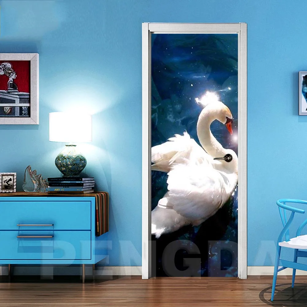 3D Door Sticker DIY Home Decoration Decals Swan Animal Print Art Picture Self Adhesive Waterproof Mural For Bedroom Renovation | Дом и сад