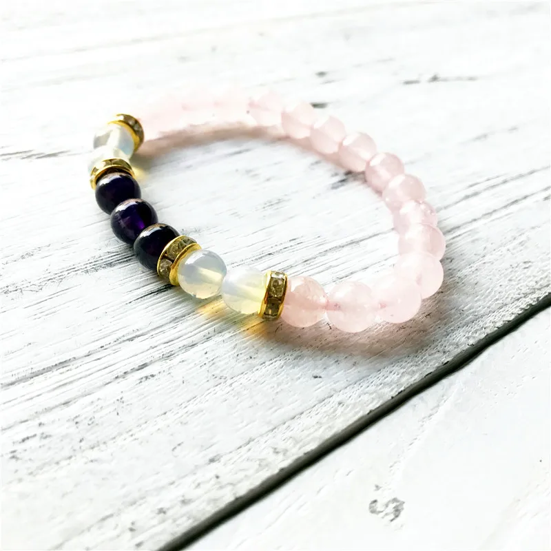 Natural Opal Rosequartz Purple Quartz Bracelet Wrist Pink Beads Yoga Mala Women's Gift Energy Protection Jewelry | Украшения и