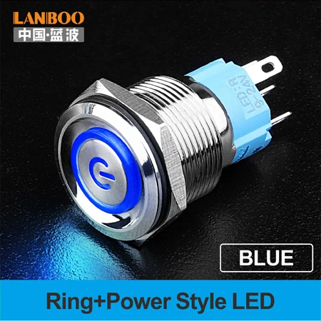 Blue LED Power LANBOO 19 мм плоская головка мгновенный или самоблокирующийся металлический кнопочный переключатель с IP65 - Цвет: Blue LED Power