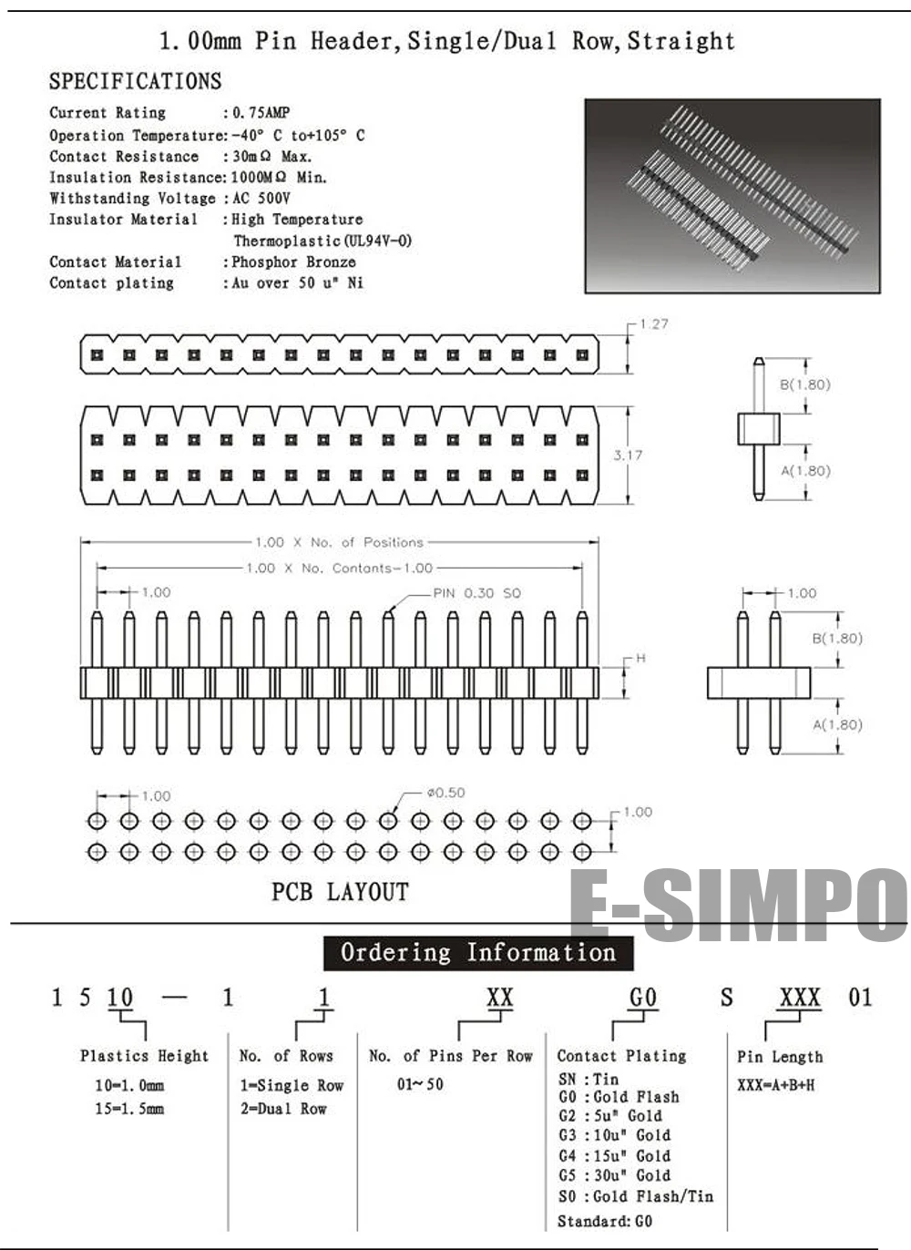 5 шт. 1 0 мм 1*50P штыревой разъем 1.0mm1X50P мужской с переключением между дальним и Row