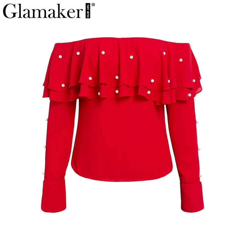 Glamaker летняя блузка с рюшами и открытыми плечами, рубашка с жемчужинами и глубоким v-образным вырезом, женские блузки, вечерние блузки с длинными рукавами, пикантная женская рубашка, Топ