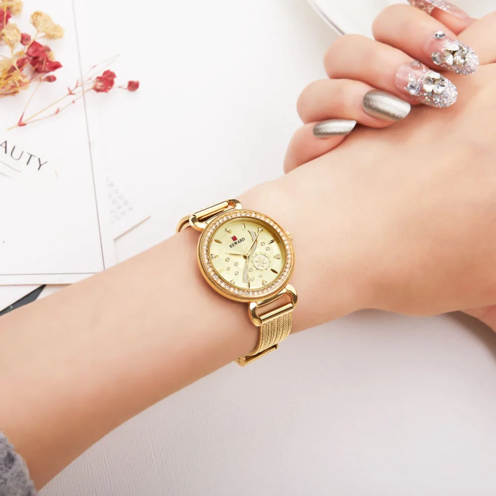 Часы наручные женские кварцевые со стальным браслетом под золото|Женские часы| |