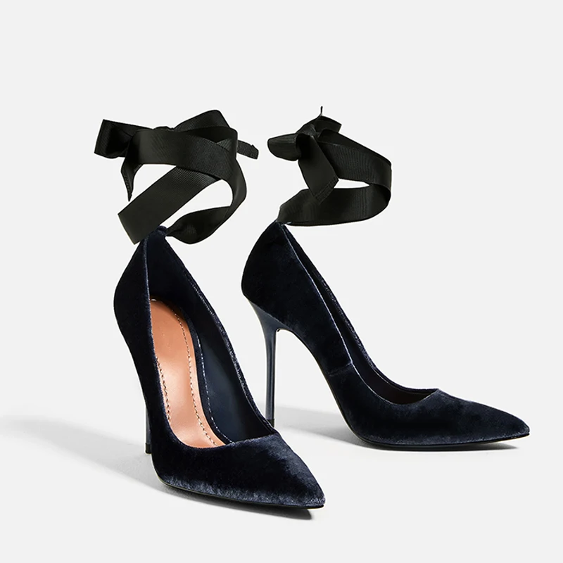 Женские бархатные туфли лодочки на шнуровке с острым носком модные офисные