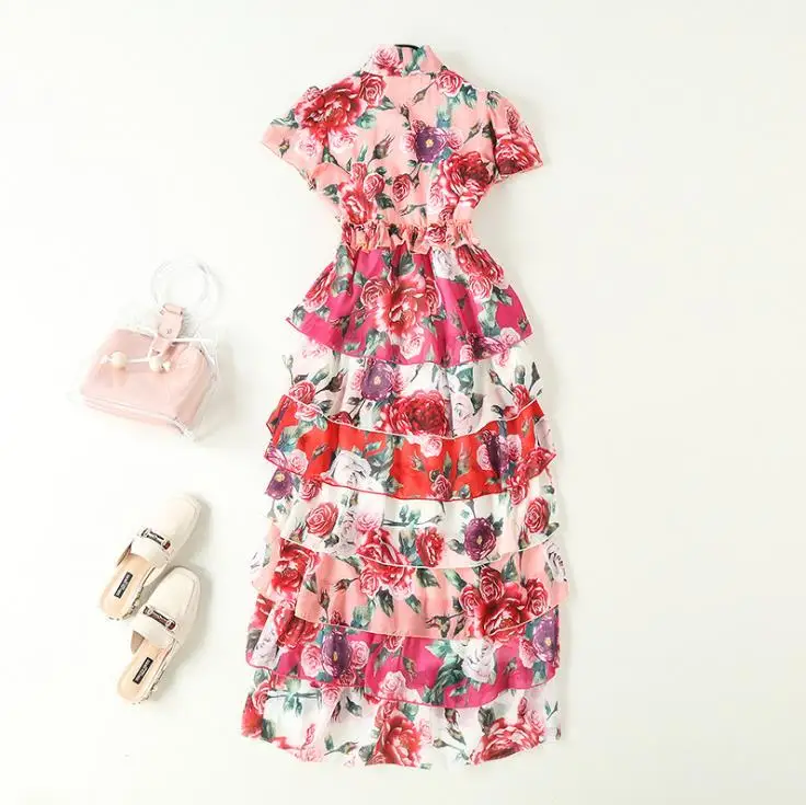 2018 spring summer floral print bow Women long Layered dress (C033) | Женская одежда