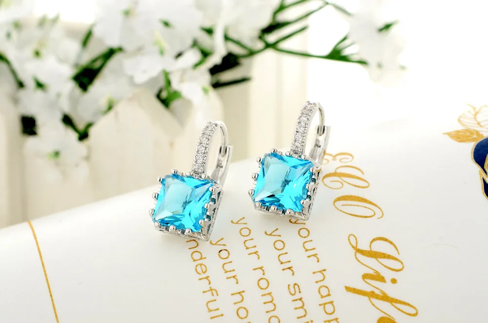 Almei 15% скидка милые модные серебряные квадратные серьги для женщин Brincos зеленый синий кристалл Цвет Красочные Ювелирные серьги BME169