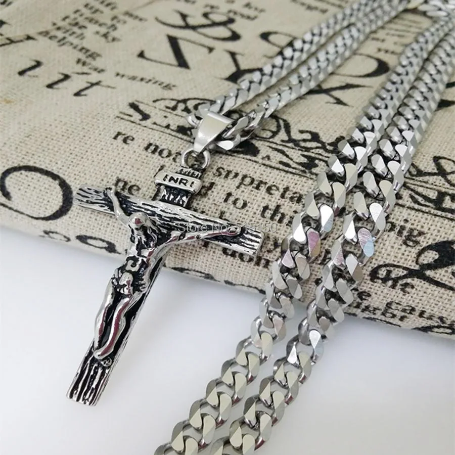 

Free Shipping Charming New Punk Mens Jewelry Stainless Steel Silver Color Cross Pendant Necklace With 23.6" 6mm Curb Cuban Chain