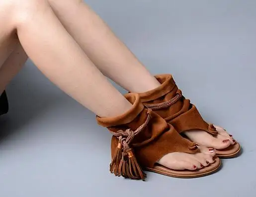 Новое поступление Короткие ботильоны Сандалии Женская обувь с кисточками на