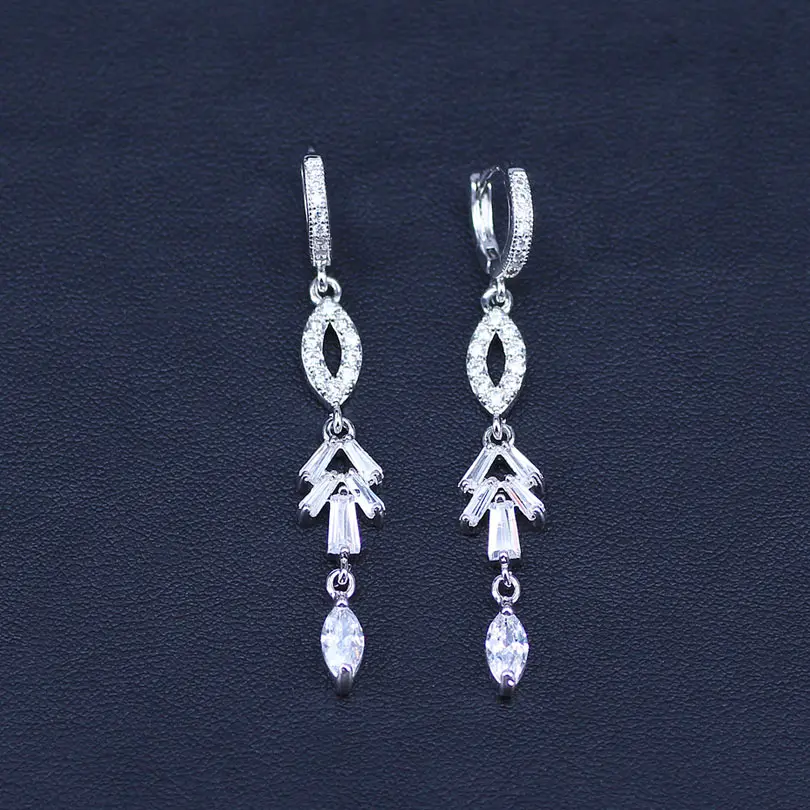 silver color White Zircon Crystal Angelic Leaf Bracelet And Pretty Long Earrings Jewelry Set For Women Anniversary | Украшения и