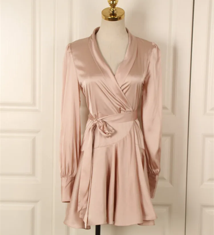 Elegant Silk Satin Dress Women Sexy V Neck Lantern Sleeve Ruffle Sash Mini Wrap Dress Ladies A Line Long Sleeve Dress Vestido