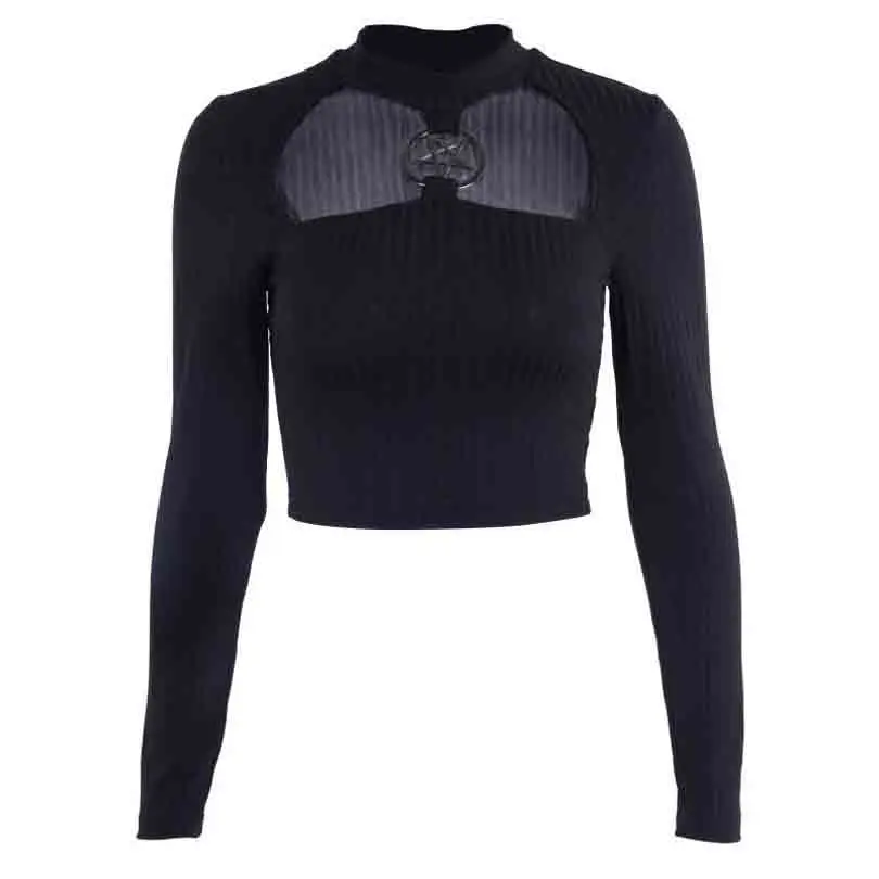 Pentagram link Decoration Punk Women Short Thin Sweaters Gothic Long Sleeve Five Pointed Star Cut out Cropped Tops | Женская одежда