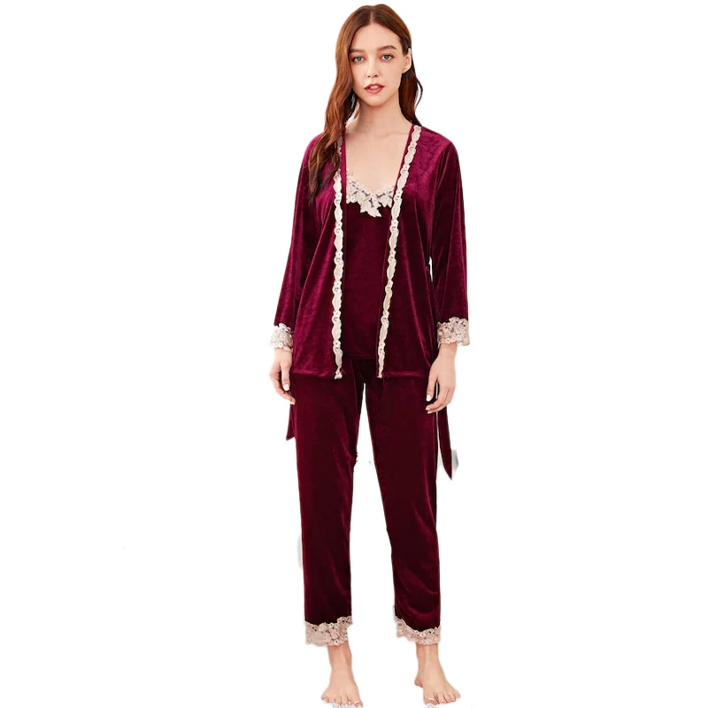 SHEIN Комплект Пижамы Из 3 Предметов, Пижама С Кружевной Контрастной Отделкой