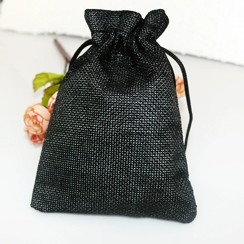 13*18cm 100pcs Black color linen jute bags drawstring gift bag Favor Watch Bracelet jewelry packaging bag Party Burlap Bags