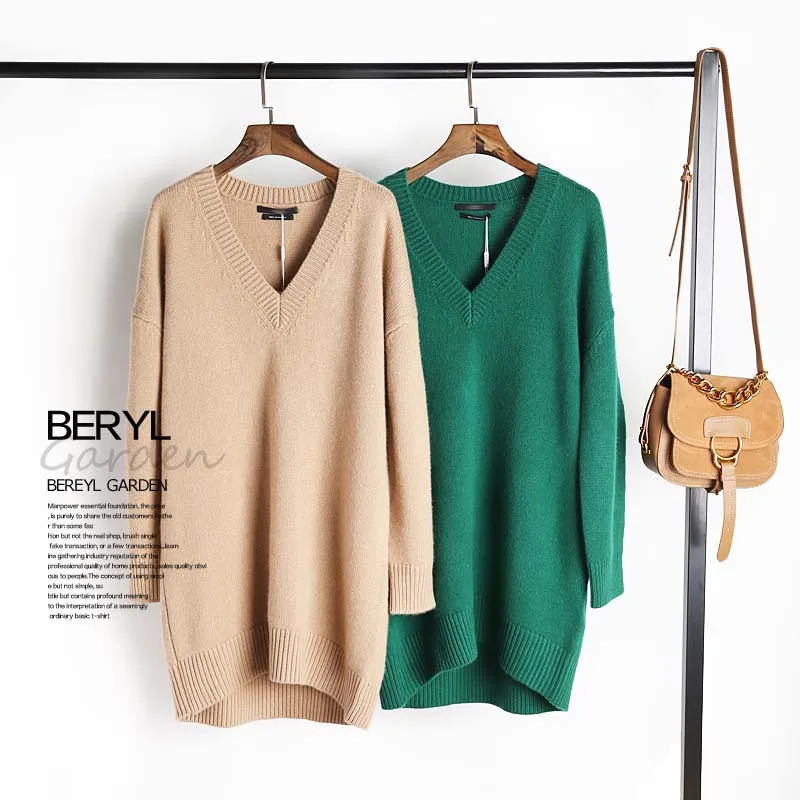 

Guesod 2018 autumn women cashmere sweater v-neck cashmere female medium length knitting sweater dress new arrive