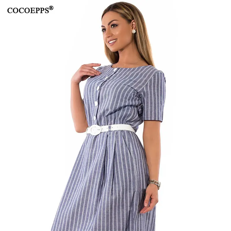 COCOEPPS осеннее женское платье большого размера длинное Полосатое офисное синяя