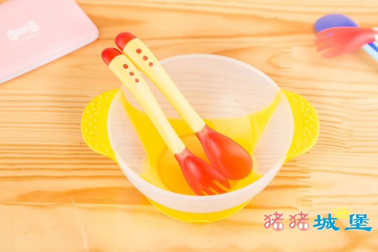 Yellow 02 Для малышей и детей постарше миска с присоской ложка комплект одежда для малышей для кормления, для еды Еда Нескользящие двуручный миска с присоской и ложка для грудничков, посуда для кормления c изображением животных, из - Цвет: Yellow 02