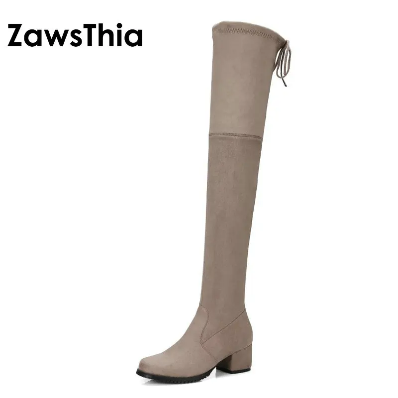 ZawsThia/зимние женские сапоги высокого качества на среднем квадратном каблуке
