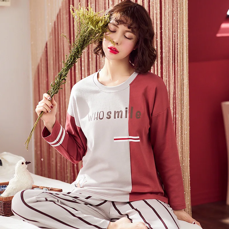 2018 New Autumn Pure Cotton Women Pajamas Long Sleeve Wide-legged Pants Home Clothes Nightgowns Sleep Lounge 2XL Plus Size | Женская