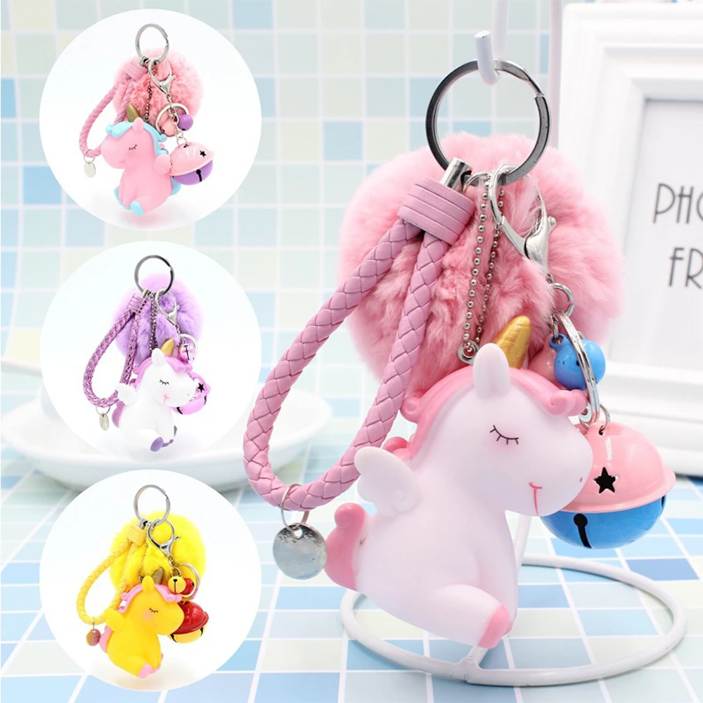 Kawaii Cartoon Unicorn Plush Keychain Fur Ball Pompons Key Ring Car Purse Bag Pendant Plush Toy