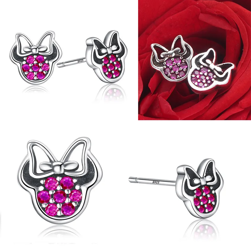 Модные сверкающие красные серьги Минни из стерлингового серебра 925 пробы для