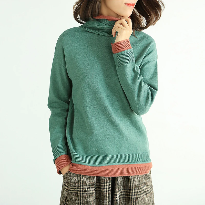 Retro hit color patchwork Fake two pieces pullover sweater Female | Женская одежда