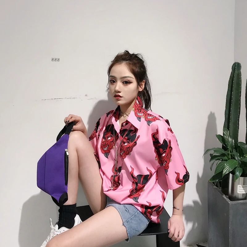 Harajuku мода мультфильм печати Для женщин рубашка Ретро хлопковые свободные