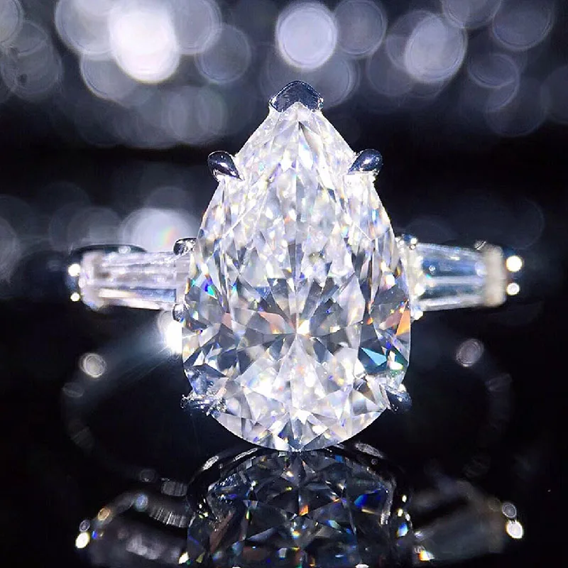 1CT кольцо из белого золота 18K с огранкой груши моисанита боковым багетом
