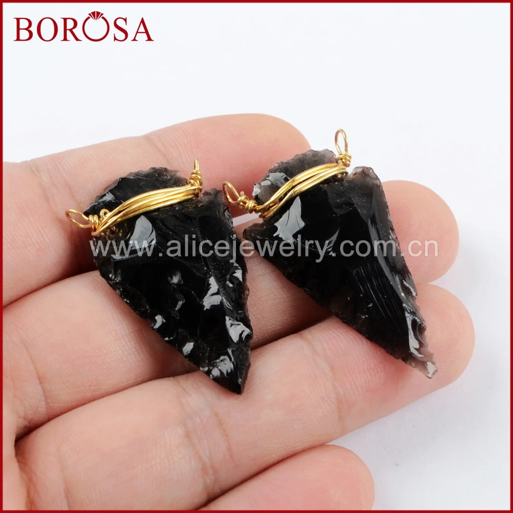 BOROSA 10/20 шт. новый золотой провод обернутый черный обсидиан наконечник стрелы