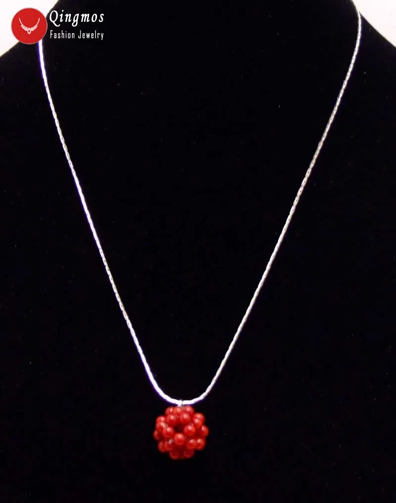 Qingmos Red Natural Coral Handwork Weaving 18-20mm Round Ball Pendant &amp Necklace for Women Silver Plated Chain Chokers 17'' |
