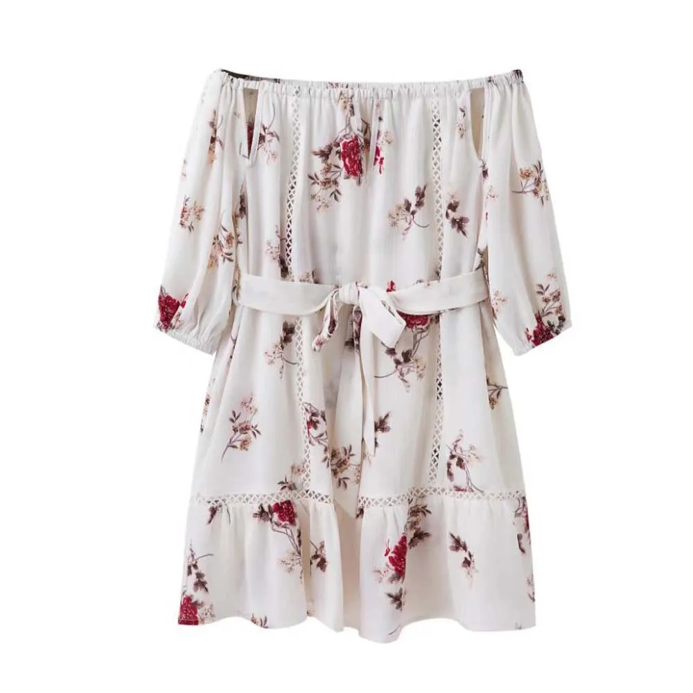 Womens Summer Cotton Floral Print Off Shoulder Slash Neck Sundress With Belt Party Beach A-Line Mini Dress Vestido impresso #D | Женская