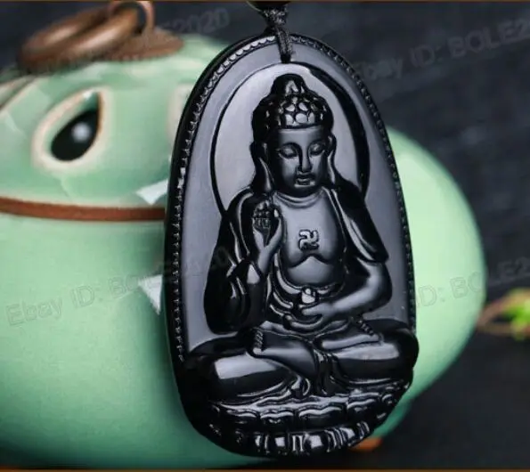 free shipping Chinese Natural Black Obsidian Carved Buddha Lucky Amulet Pendants + Necklace | Украшения и аксессуары
