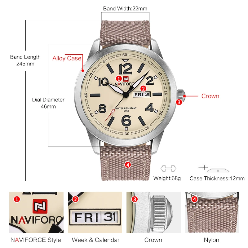 Naviforce Для мужчин спортивные Наручные часы модные Повседневное Роскошные