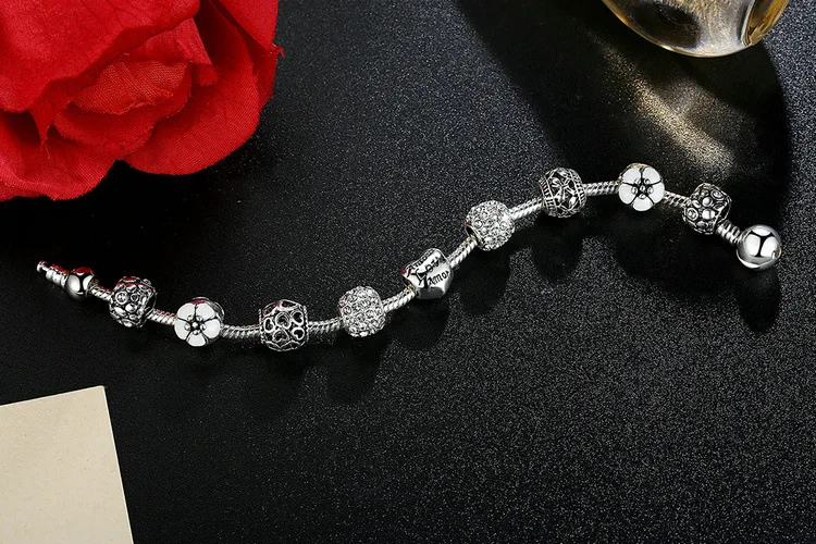 JKJ Silver Plated 925 Crown Beads Key Crystal Love Heart Charm Bracelet Fits For Women DIY Jewelry gifts | Украшения и аксессуары