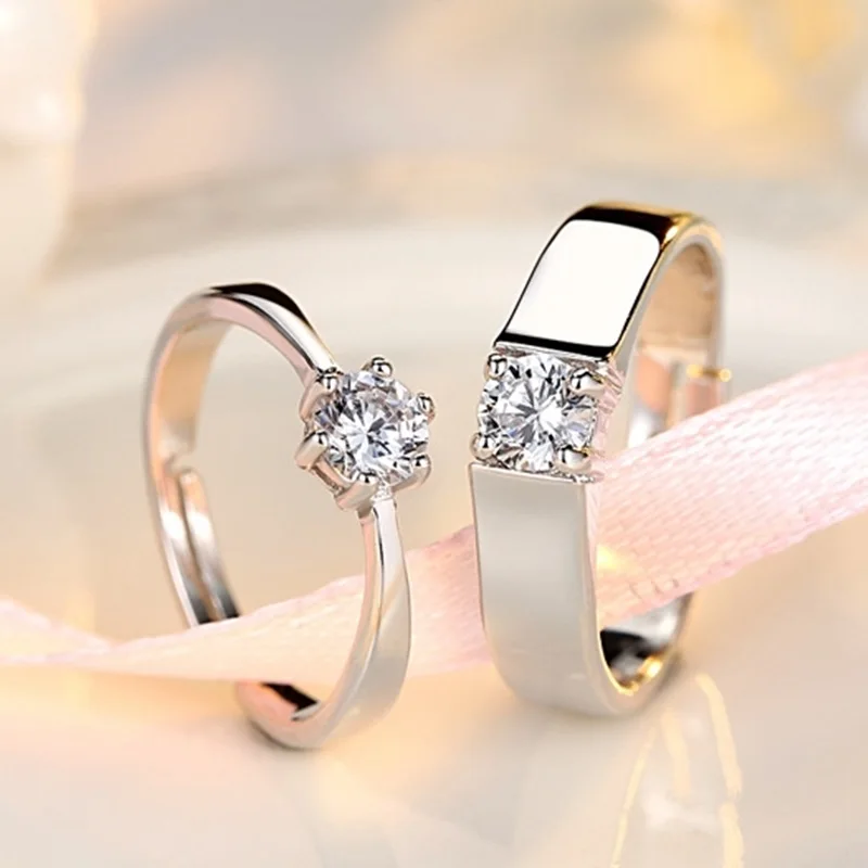OMHXZJ Wholesale European Fashion Woman Man Party Wedding Gift Simple White Lovers AAA Zircon 925 Sterling Silver Ring Set RR239 | Украшения