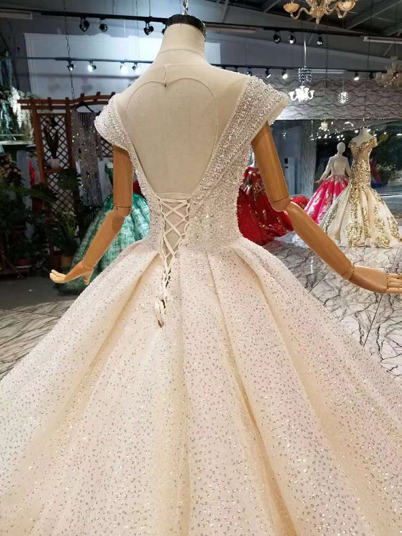 

LS19178 luxury new wedding dresses o-neck crystal cap sleeves ball gown hand working wedding gowns