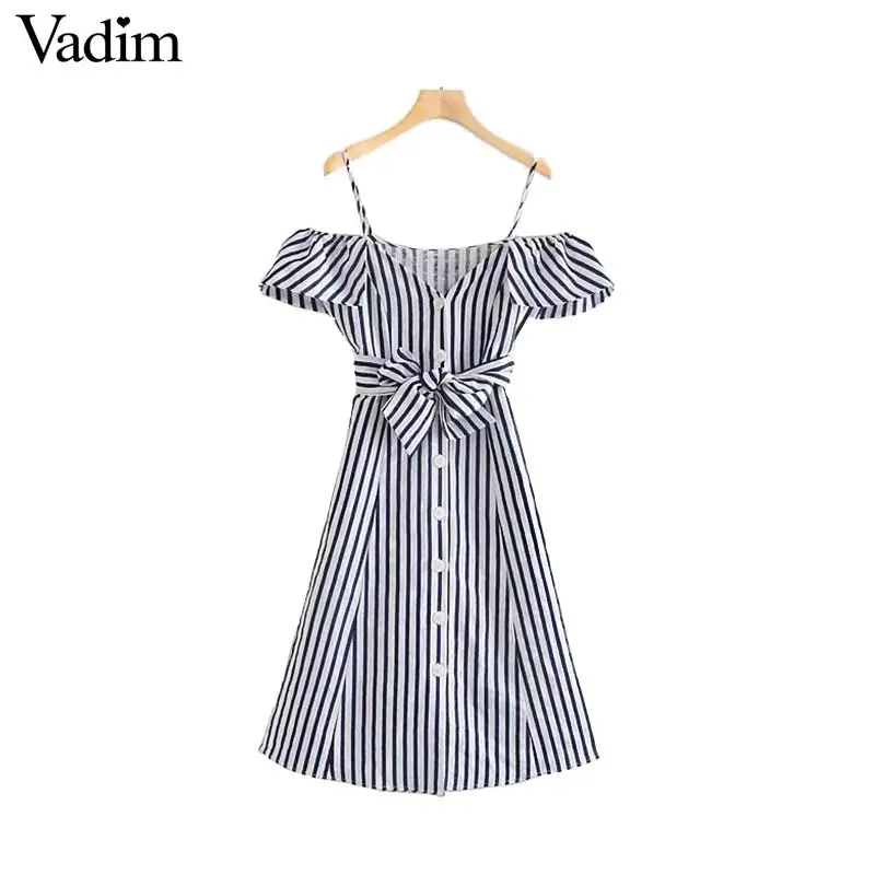 Vadim women striped print slash neck midi dress off shoulder bow tie sashes ruffled single breasted female elegant dresses QC253 | Женская