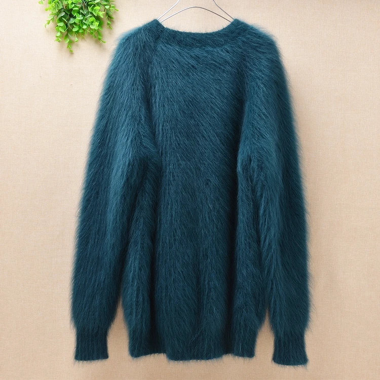(size:M) Elegant thicken warm genuine mink cashmere slim hand knitting long sleeves o-neck angora rabbit pullover sweater winter | Женская