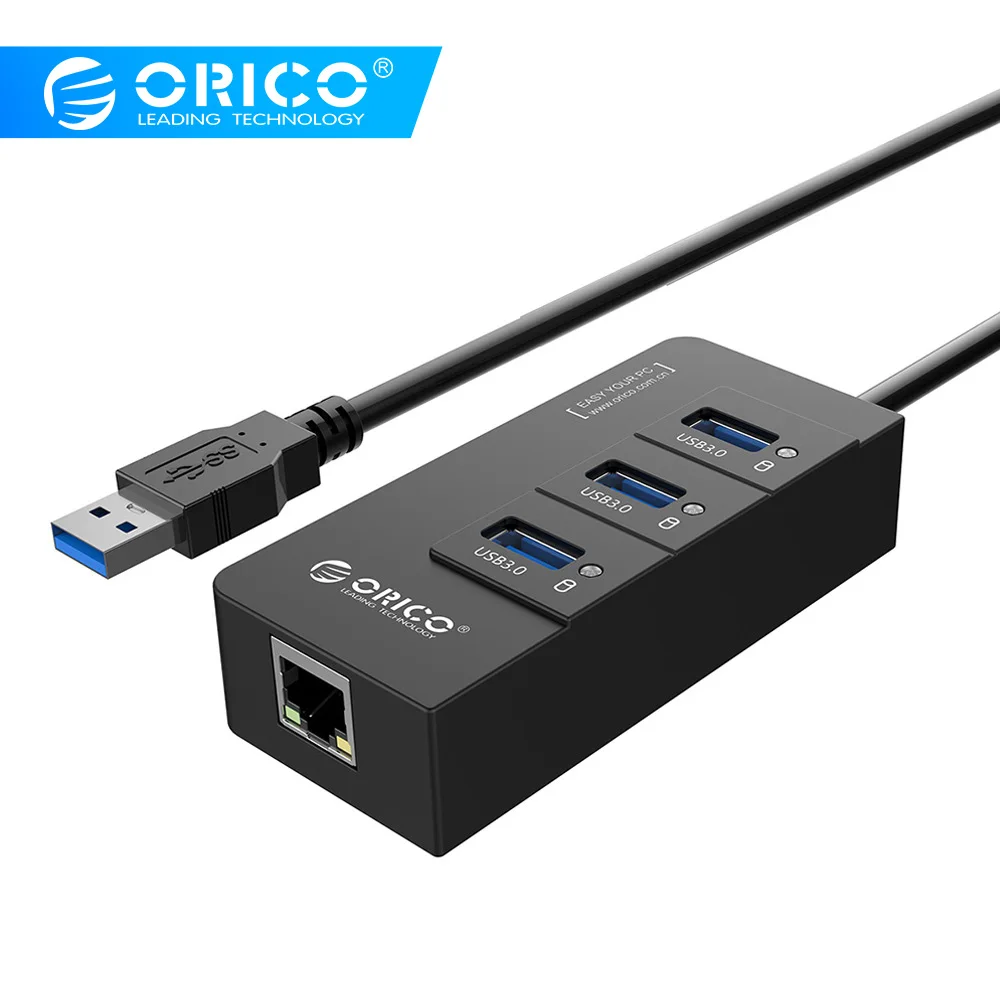 ORICO HR01-U3 3 порта супер скорость USB3.0 концентратор разветвитель с внешним RJ45 Gigabit Ethernet сетевой карты 5 Гбит/с черный для ноутбука