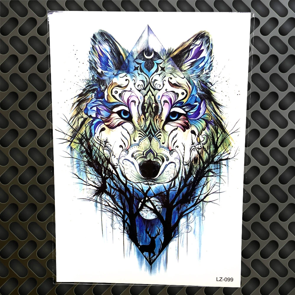 

Geometric Triangle Wolf Forest Temporary Tattoo Sticker Women 21x15CM Men Body Art Tattoo Arm Totem Flash Waterproof Henna Tatoo