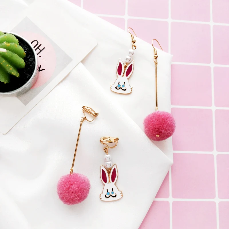 Japan and South Korea sweet girl wonderland lovely rabbit long hair bulb earrings asymmetric cat ear clip female students | Украшения и