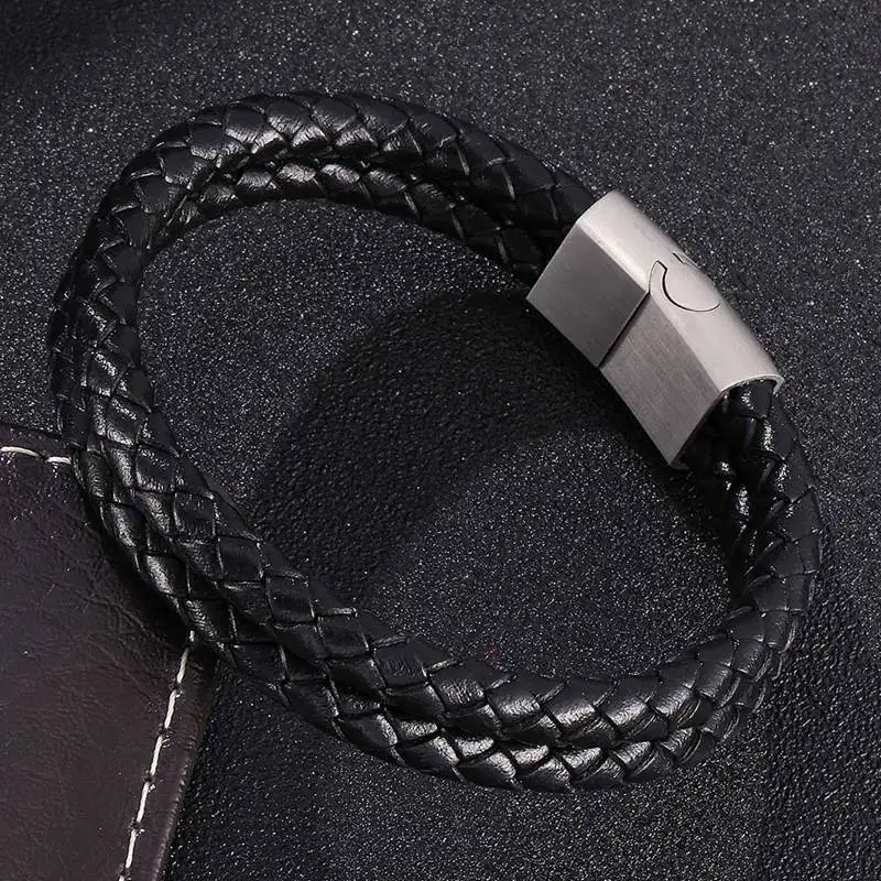 Fashion Punk Black Braided Leather Bracelet Men Jewelry Stainless Steel Magnetic Clasp Male Wristband Bracelets Bangles SP0033 | Украшения