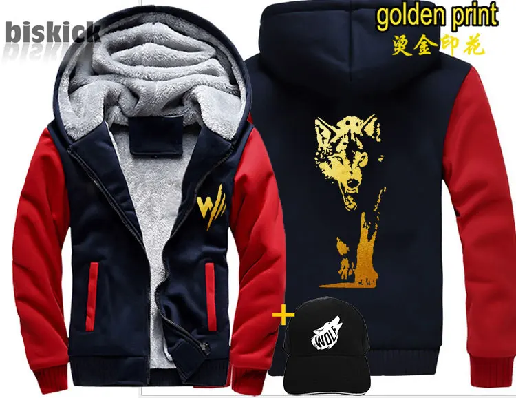 Veste loup Wolf revenge, мужское теплое толстое пальто с золотым принтом, зимняя теплая уличная бархатная Толстовка в стиле хип-хоп, толстовки с капюшоном