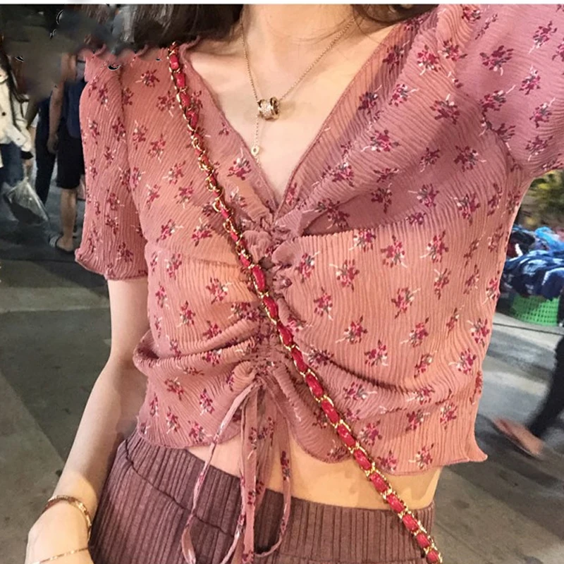 Мода 2019 рубашка Топ плиссированная свободная Цветочная тонкая секция drawstring