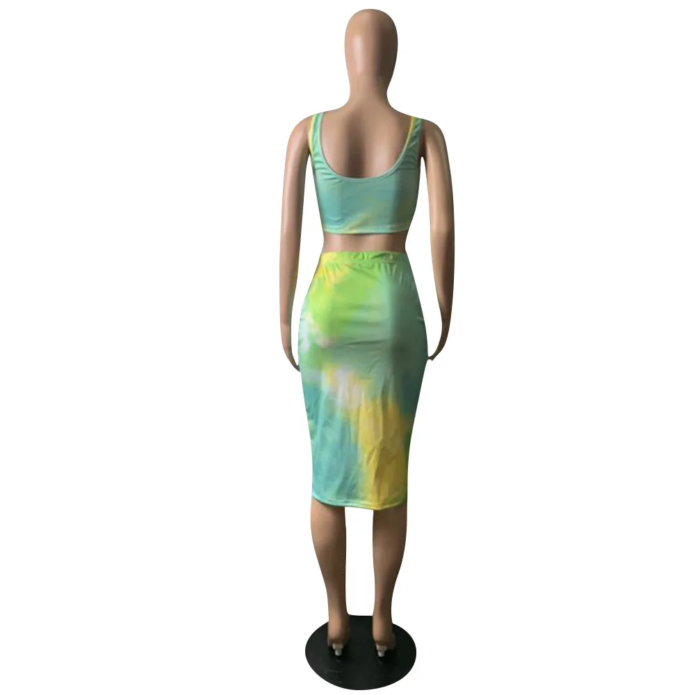 Two Piece Dress Women Summer Set Green Tanks crop top + long skirt 2 PCS Party Club Outfits Sexy Midi | Женская одежда