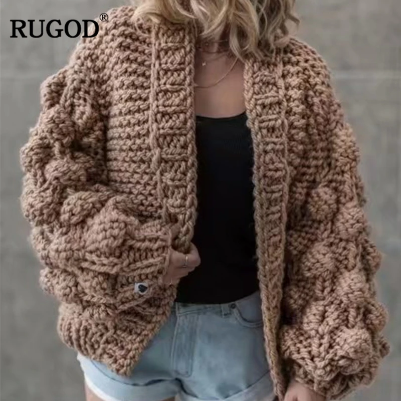 Новинка Свободный кардиган ручного вязания с рукавами фонариками RUGOD женский