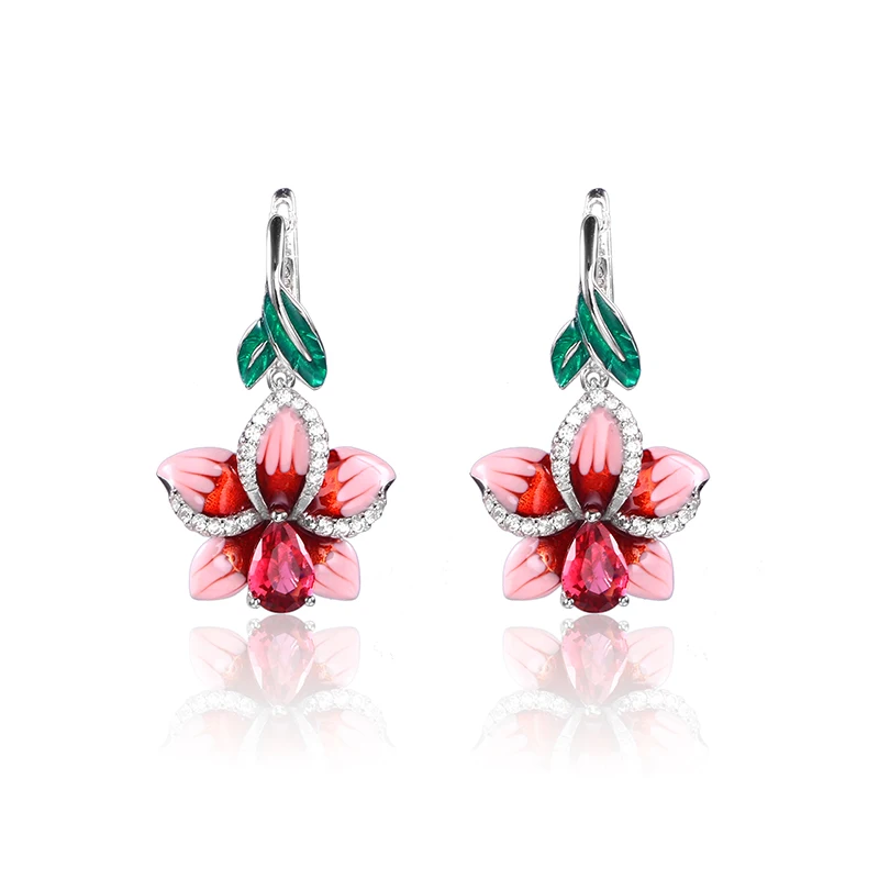 

Fashion Pink Enamel silver orchid Jewelry Set (stub Earrings Pendant ring) Authentic 925 Sterling Silver women Jewelry