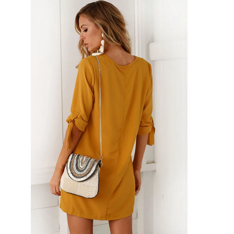 summer dress 2019 New moda feminina Solid color Casual Dresses Round Neck Short Sleeve Loose Bow Women's Vestidos Plus Size | Женская