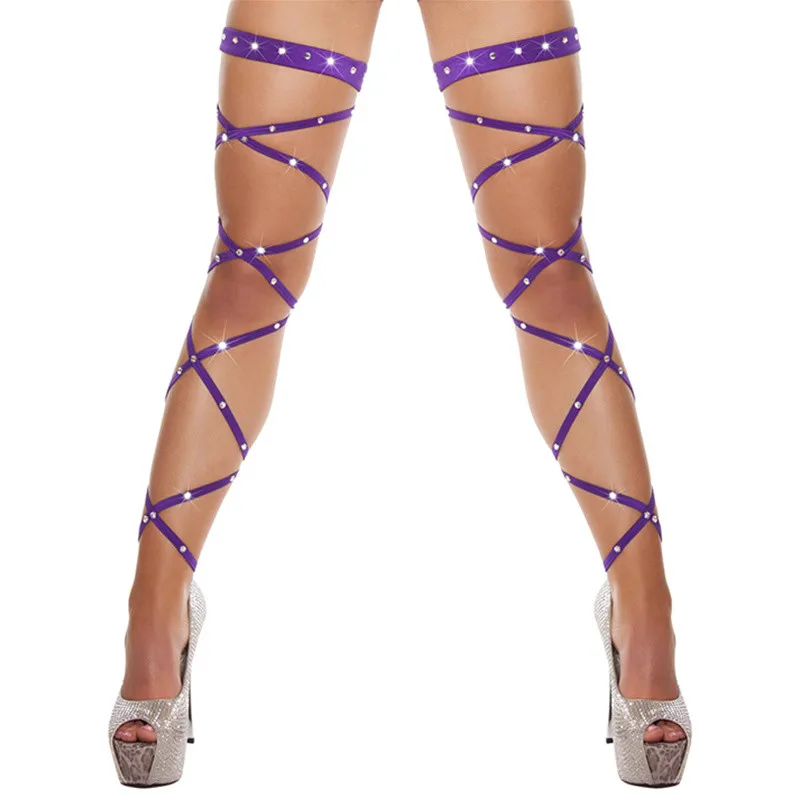 Purple With Crystal Сексуальное женское нижнее белье, чулки до бедра, готический крест, повязка на ногу, эротический костюм, для танцев на шесте, Клубные, вечерние Чулочные изделия - Цвет: Purple With Crystal
