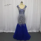 Женское вечернее платье-русалка, длинное синее платье из тюля с рукавами-крылышками и кристаллами, платье для выпускного вечера, 2018