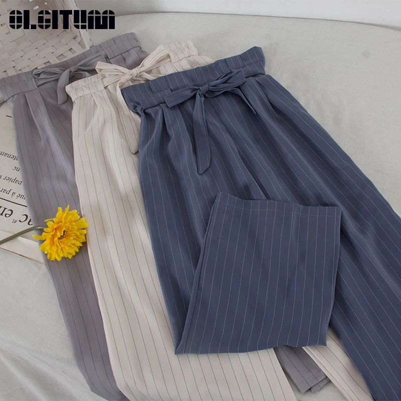 Новинка 2019 г. корейский стиль шнуровка с высокой талией широкие брюки для женщин